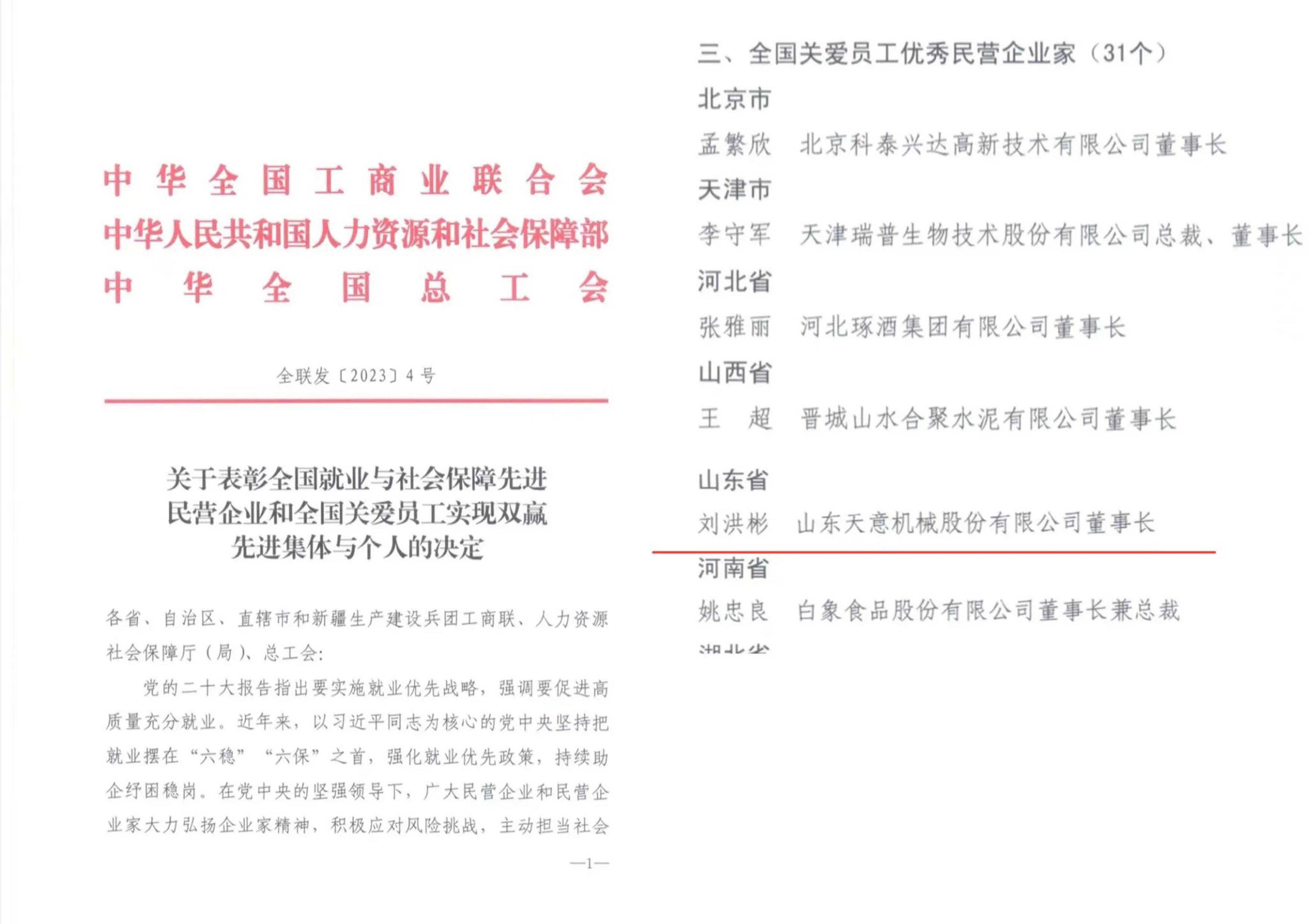 天意機(jī)械董事長劉洪彬獲評“全國關(guān)愛員工優(yōu)秀民營企業(yè)家”稱號